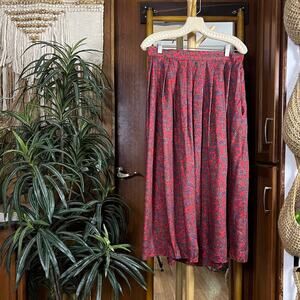 Vintage Lindsey Blake Paisley Midi Skirt Womens 16 Red Rayon Pleated 80s 90s